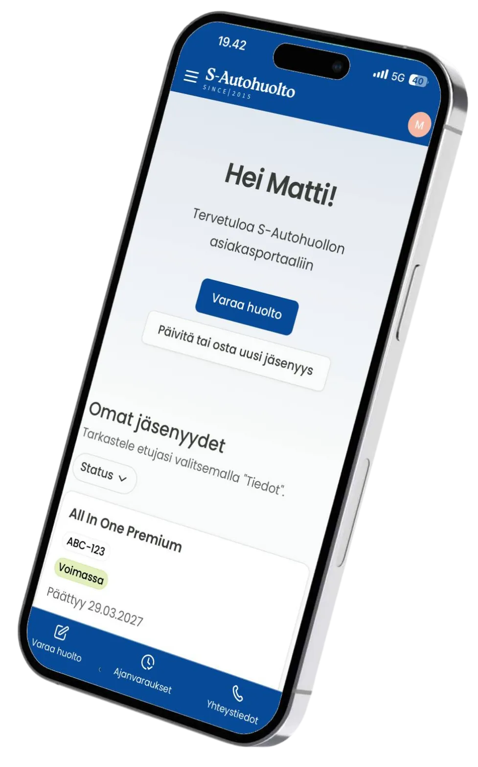 S-Autohuollon asiakasportaali puhelimen näytöllä